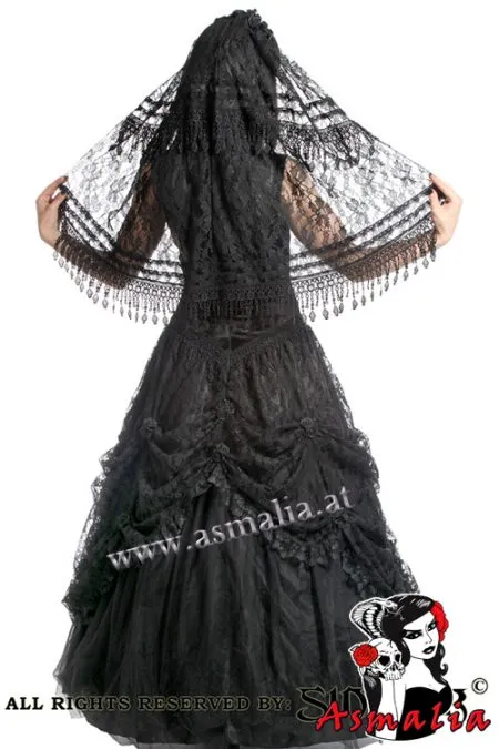 bodenlanges Spitzenkleid mit Samt schwarz