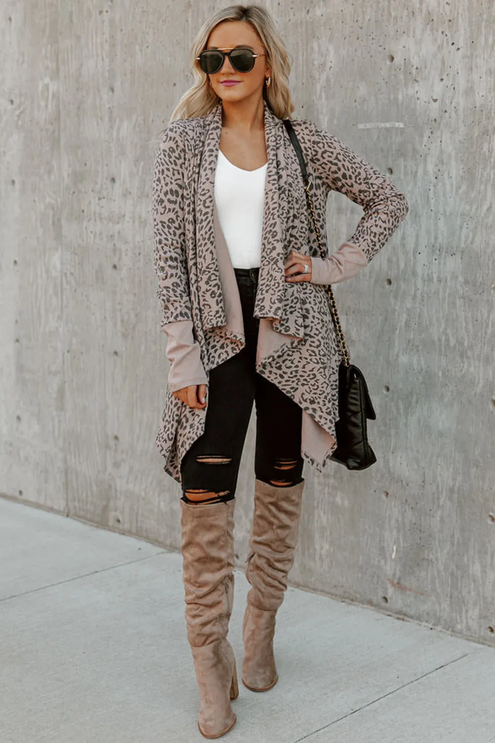Cheetah-Print Cowl-Neck Offene Front Lange Cardigan