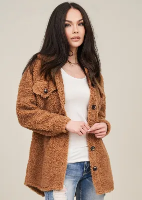 Cloud5ive Damen Teddyfell Jacke mit 2-Brusttaschen und Knopfleiste camel braun