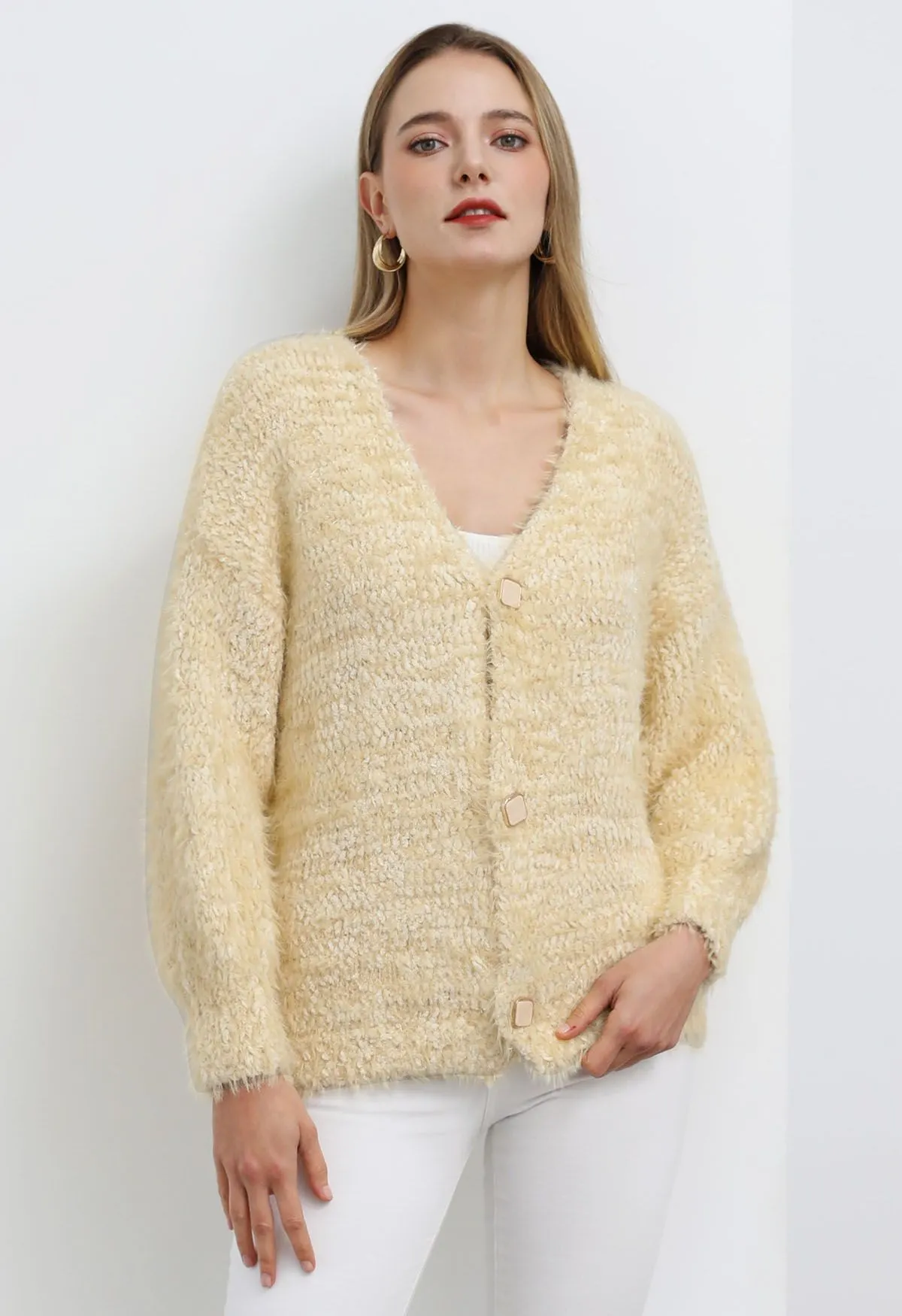 Coziness Shimmer Fuzzy Knit Cardigan mit Knöpfen in Hellgelb