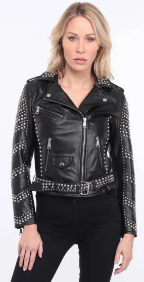 Damen-Bikerjacke aus schwarzem Lammleder mit Nieten &bdquo;Miss&ldquo;