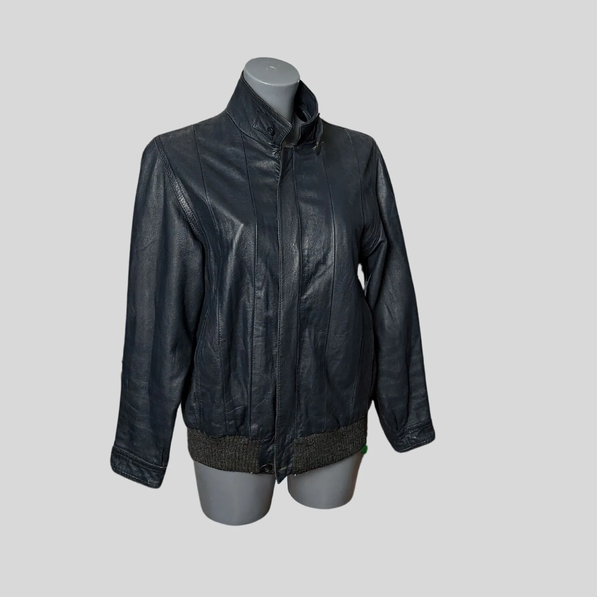 Damen Vintage Vegane Lederjacke Dunkelblau M-L Stehkragen
