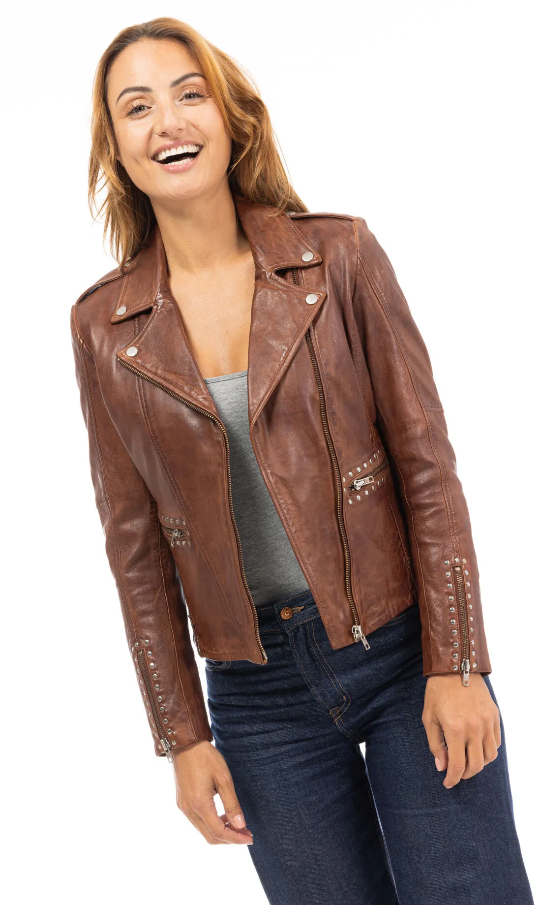 Dunkelcognacfarbene &bdquo;Carlotta&ldquo;-Bikerjacke fur Damen