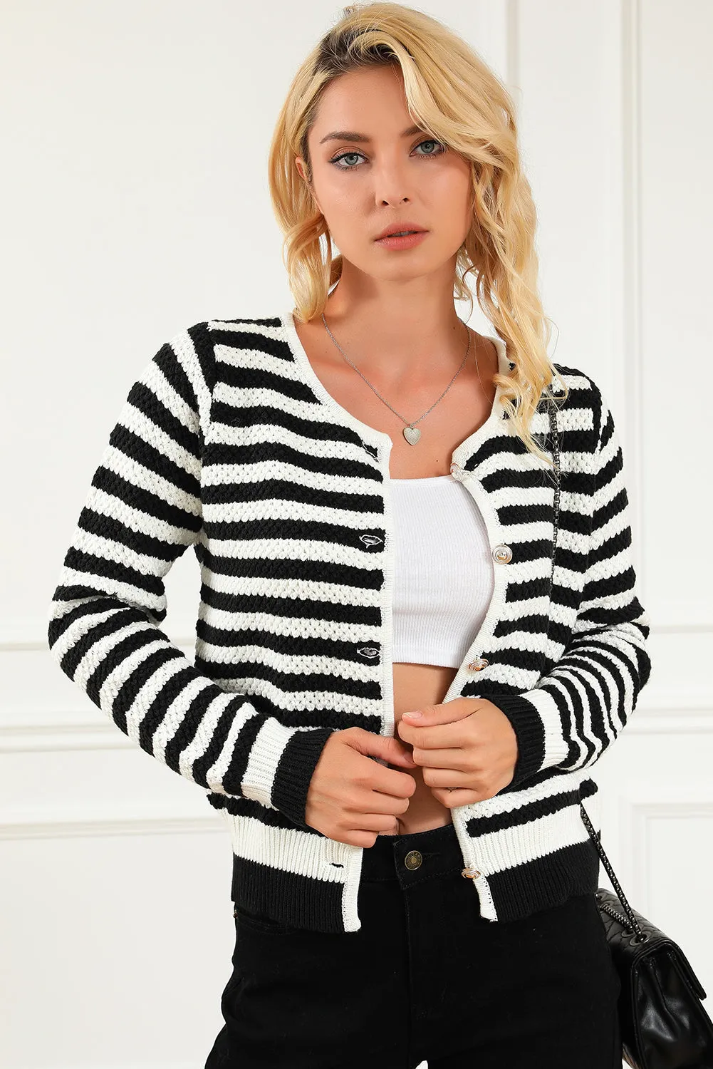 Gestreifter Cardigan Mit Kontrastmuster