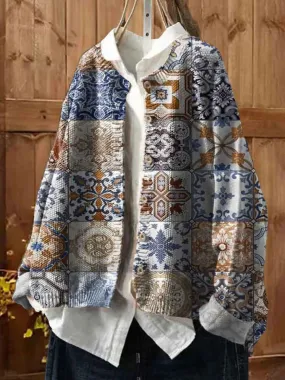 Heidi-Mode | Ein eleganter Mode-Art-Druck runder Hals lange Ärmel Knopf Cardigan Pullover