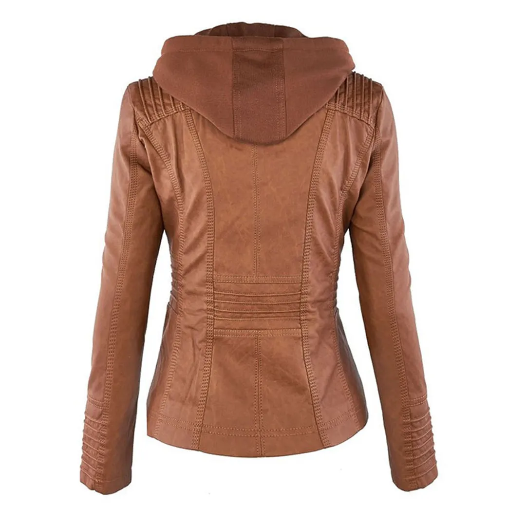 Heidi-Mode | Kapuzen-Vegane-Lederjacke Für Damen