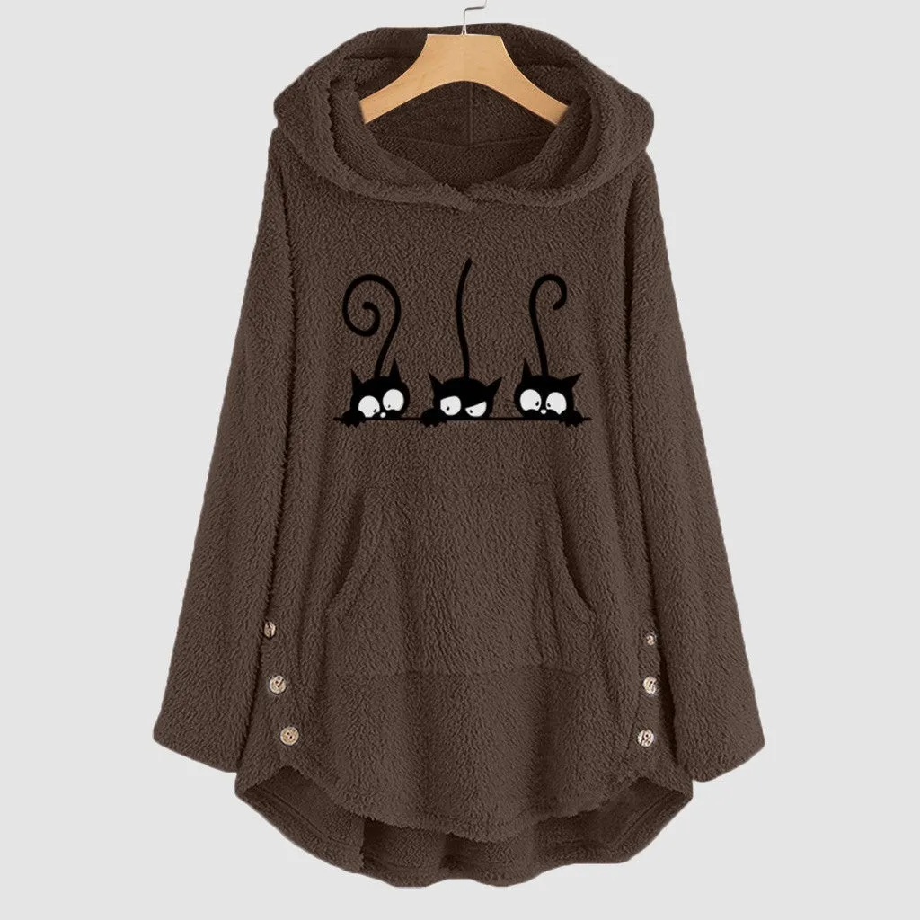 Heidi-Mode | Lässiger Warmer Hoodie Mit Fleece-Katzestickerei - Ideal Für Herbst/Winter