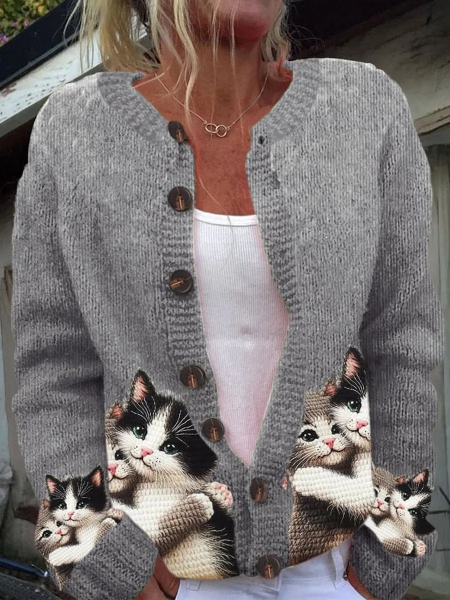 Heidi-Mode | Tierdruck Chic Dicke Knopf Lange Ärmel Cardigan