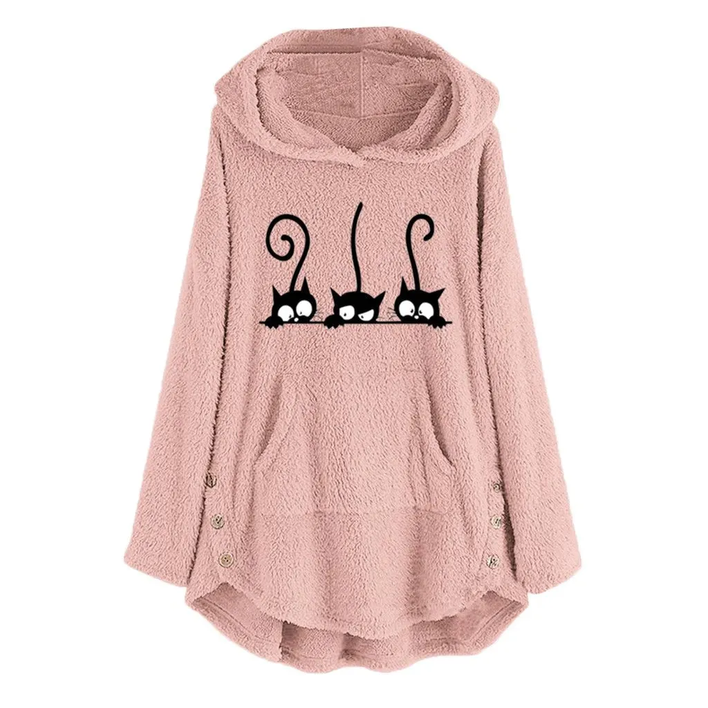 Heidi-Mode | Warmer Hoodie Mit Fleece Katzen Stickerei Für Damen