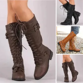 Heidi-Mode Flache Retro-Stiefel mit Schnalle und Schnürung
