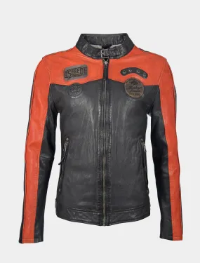 Herren Bikerjacke Lederjacke mit Patches und Einstzen - GBTroon SF in schwarz orange