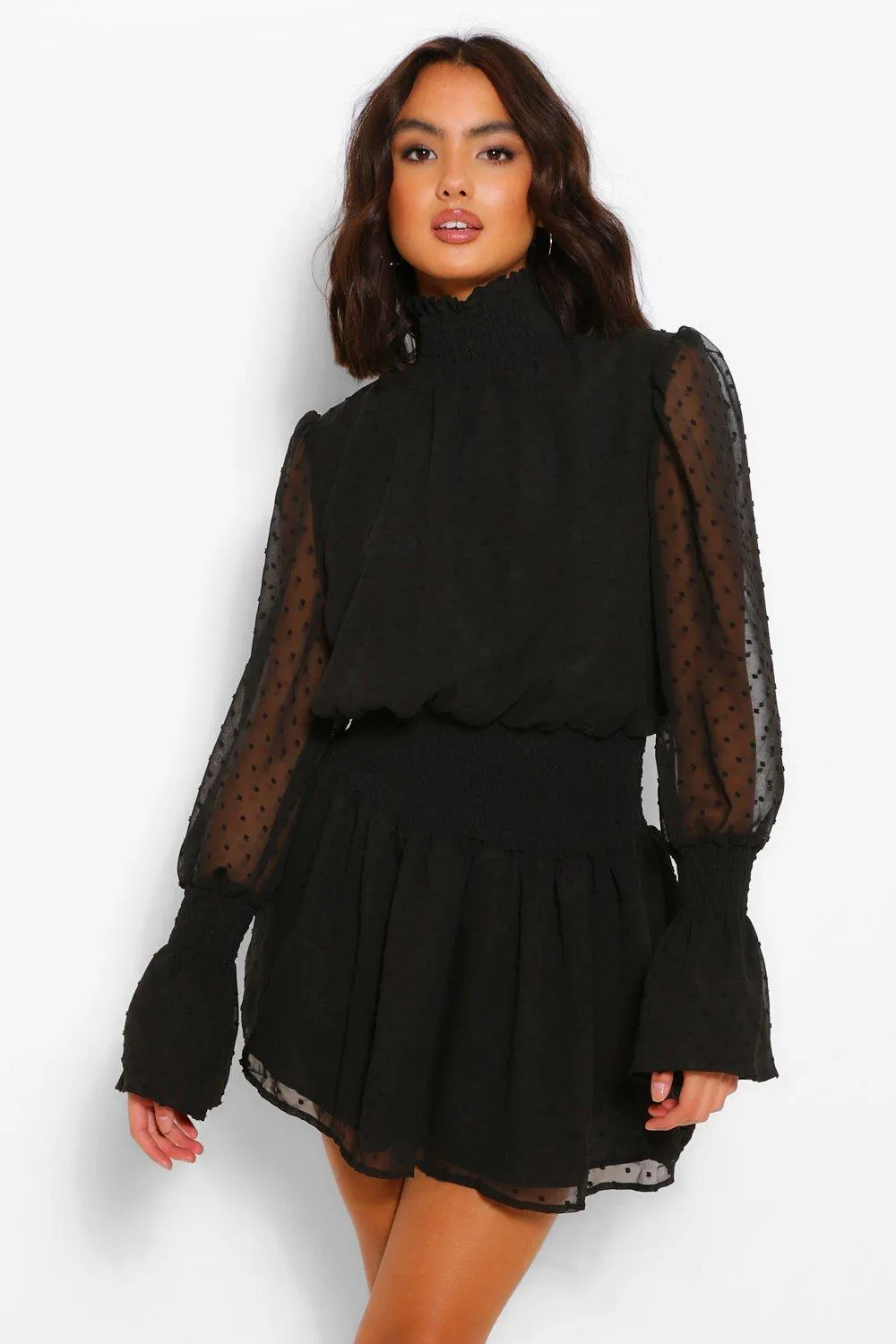 Hochgeschlossenes, gerafftes Dobby-Minikleid