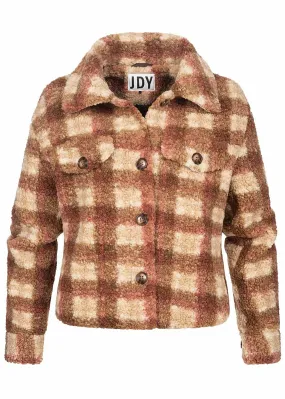 JDY by ONLY Damen kurze Teddyfell Jacke 2-Pockets Karo Muster cloud d. weiss braun