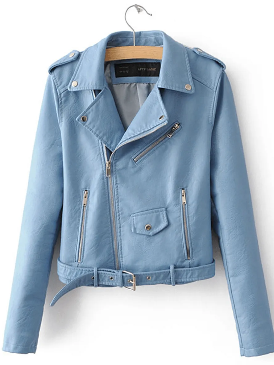 Kurze Damen Perfecto Kunstledergürtel Reißverschluss Reverskragen Langarm Weibliche Mode Lässige Bikerjacke