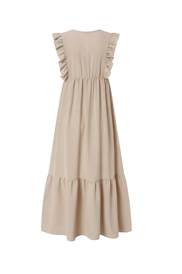 Langes Spitzenkleid mit V-Ausschnitt und Rüschen