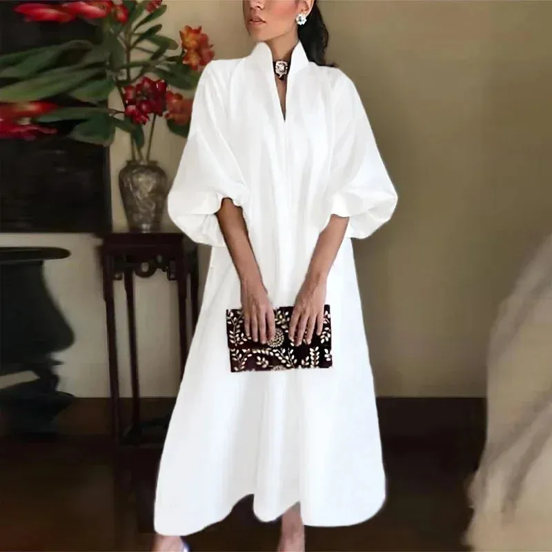 Lässiges Sommerkleid mit V-Ausschnitt und Puffärmeln für Damen