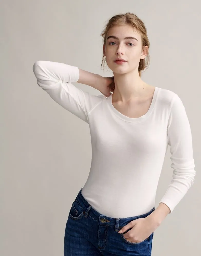 OPUS Langarmshirt Sorana Rundhalsausschnitt schmale Passform weiß, grau S22 236879343