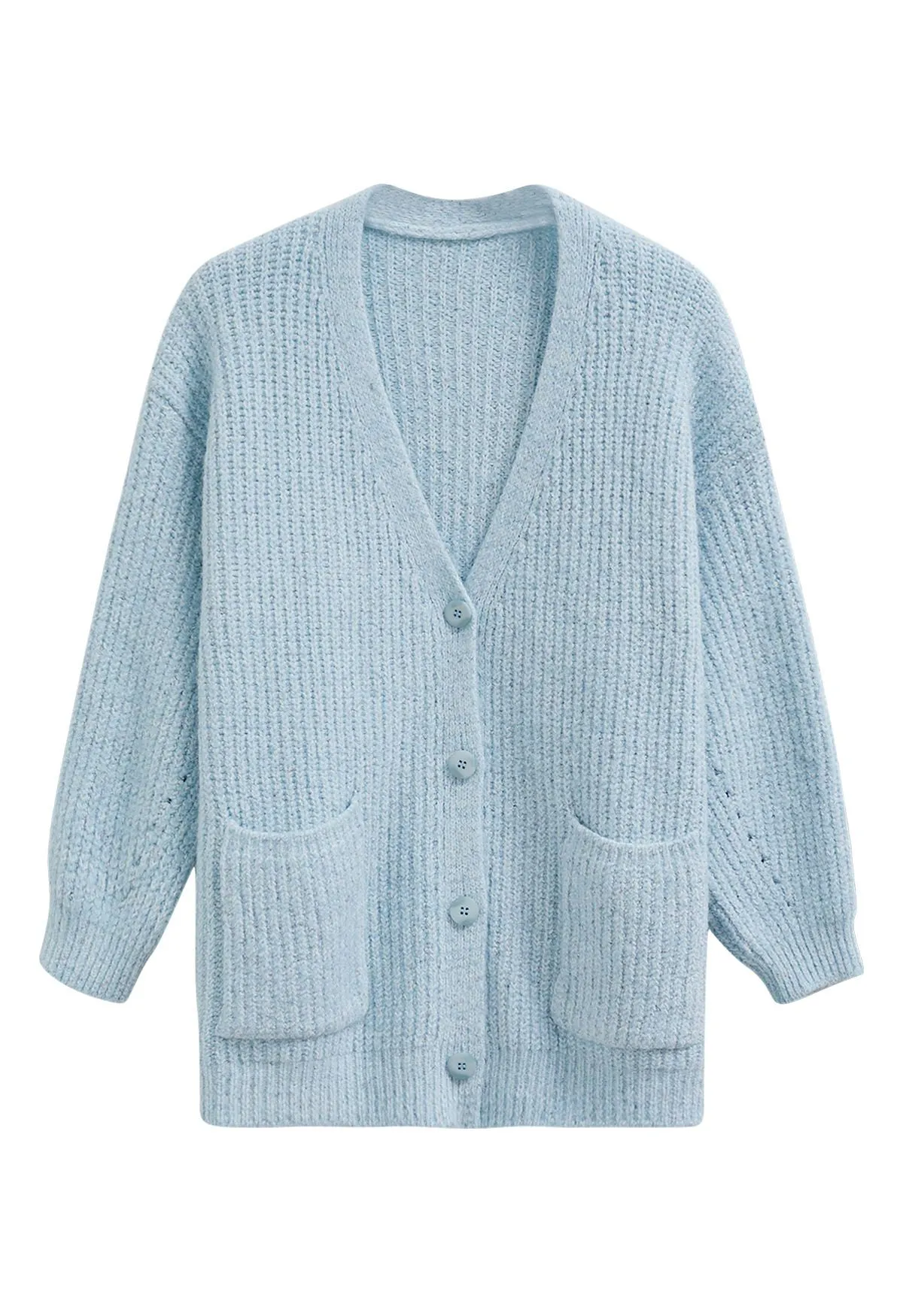 Pastellfarbener Strick-Cardigan mit V-Ausschnitt und aufgesetzten Taschen in Babyblau