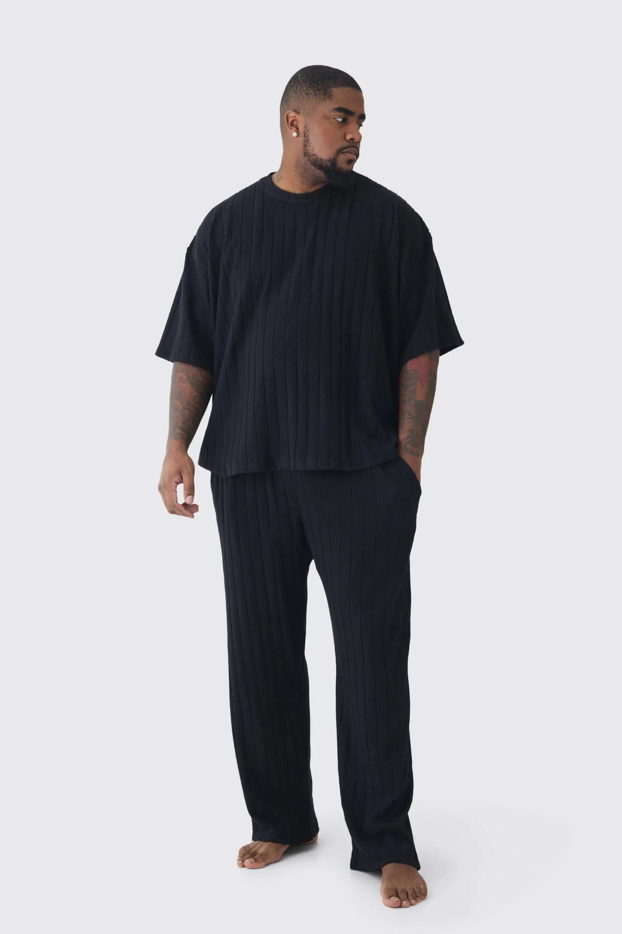 Plus superweiches geripptes Oversize T-Shirt & Jogginghose