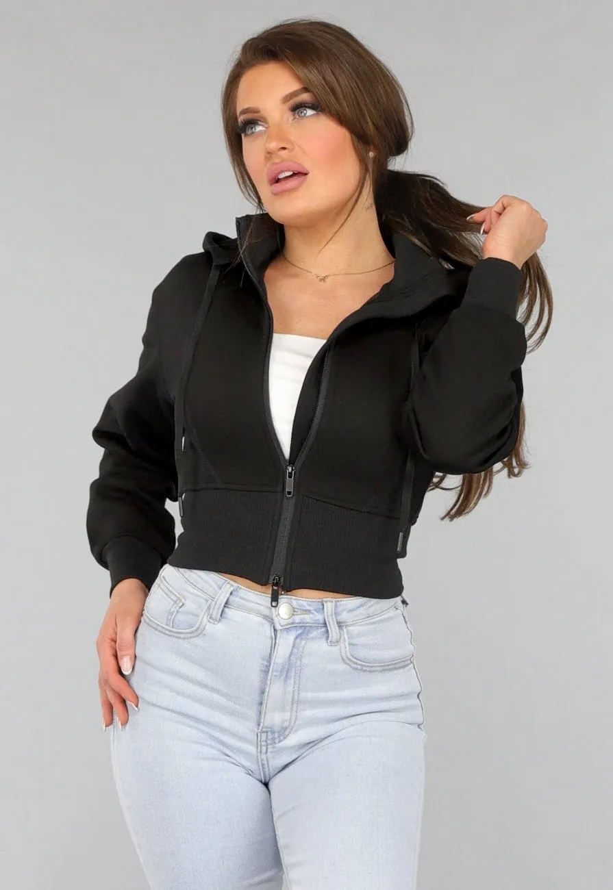 Schwarzer kurzer Cardigan mit abnehmbarer Kapuze
