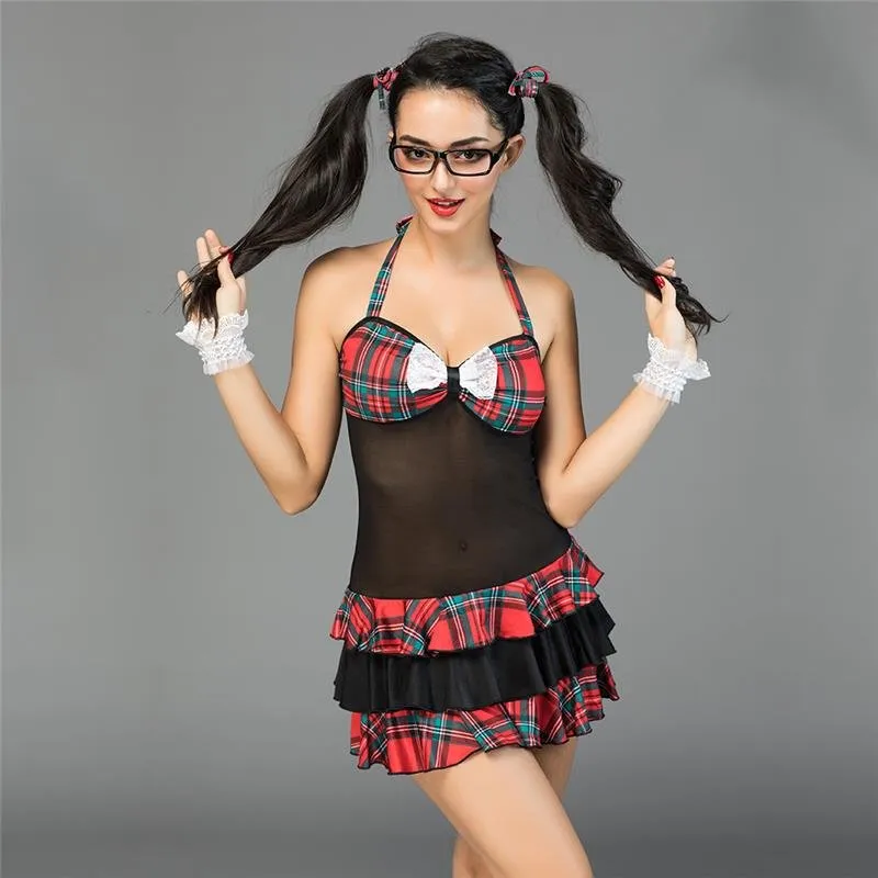 Sexy 5-tlg Damen Schulmädchen Outfit Kostüm Gogo Schwarz-Rot